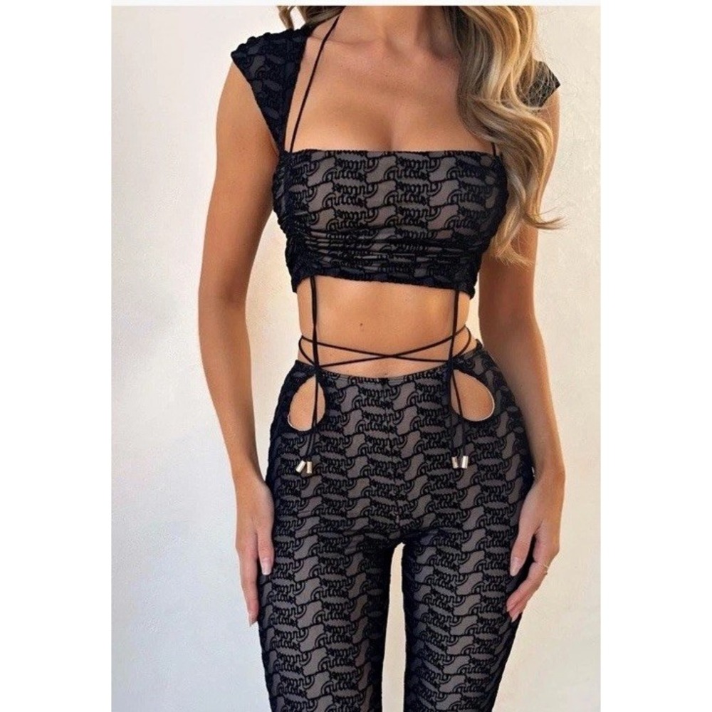 Outcast Taylor Bandeau Black Mesh Burnout Crop Top XL Sexy Indie Spellout Goth